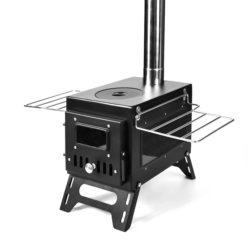 Black small double-window tent stove